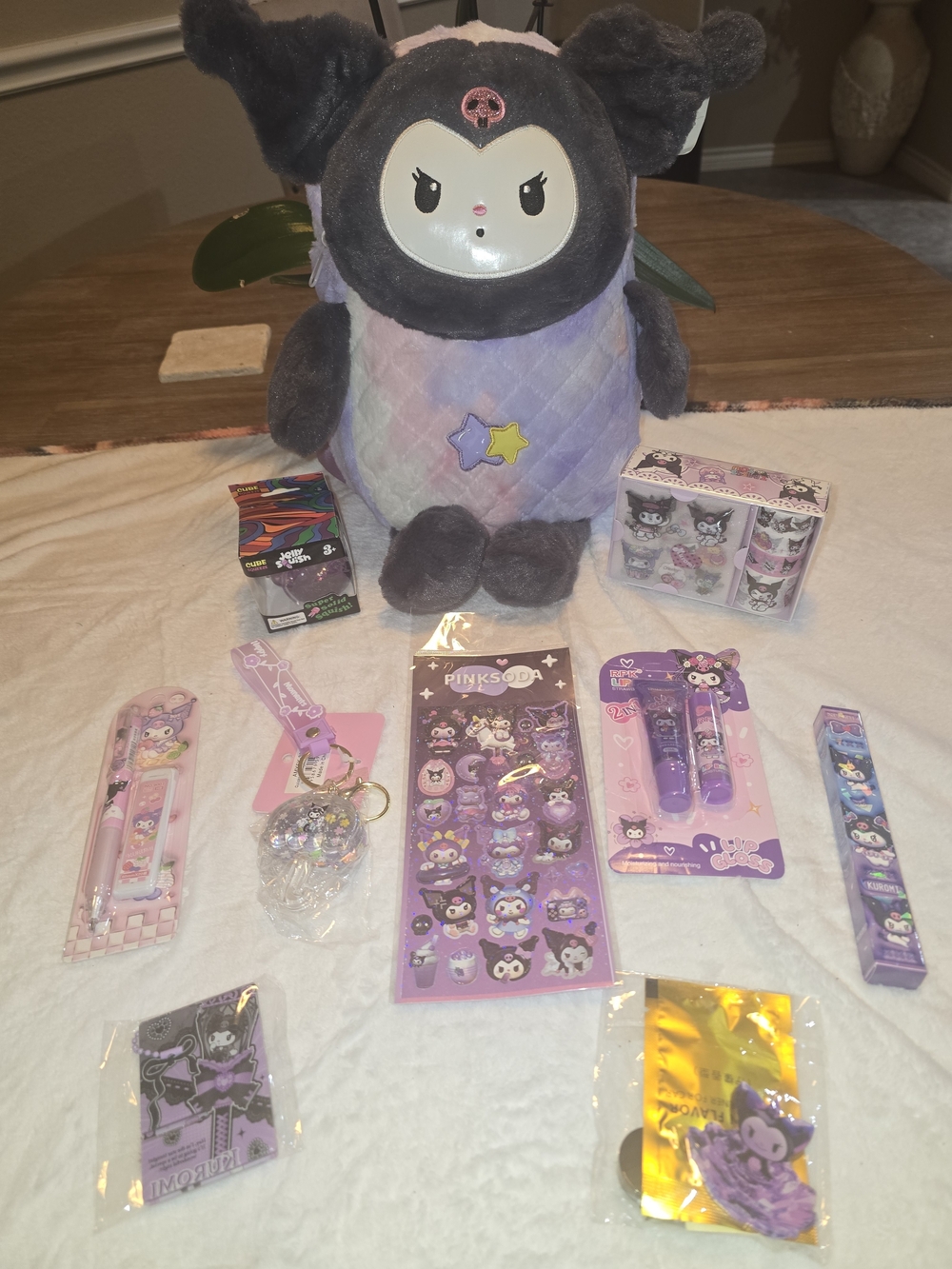 Sanrio Kuromi Purple Plush Backpack & Mega Stationery Lip Gloss Accessory Bundle